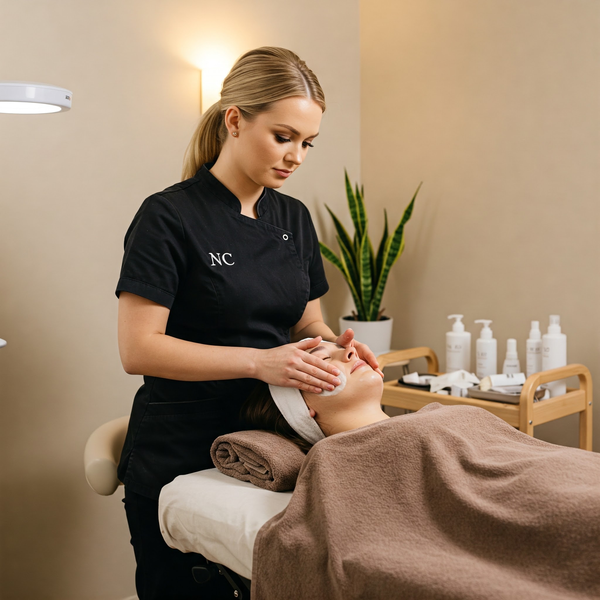 Esteticista realizando una limpieza facial express