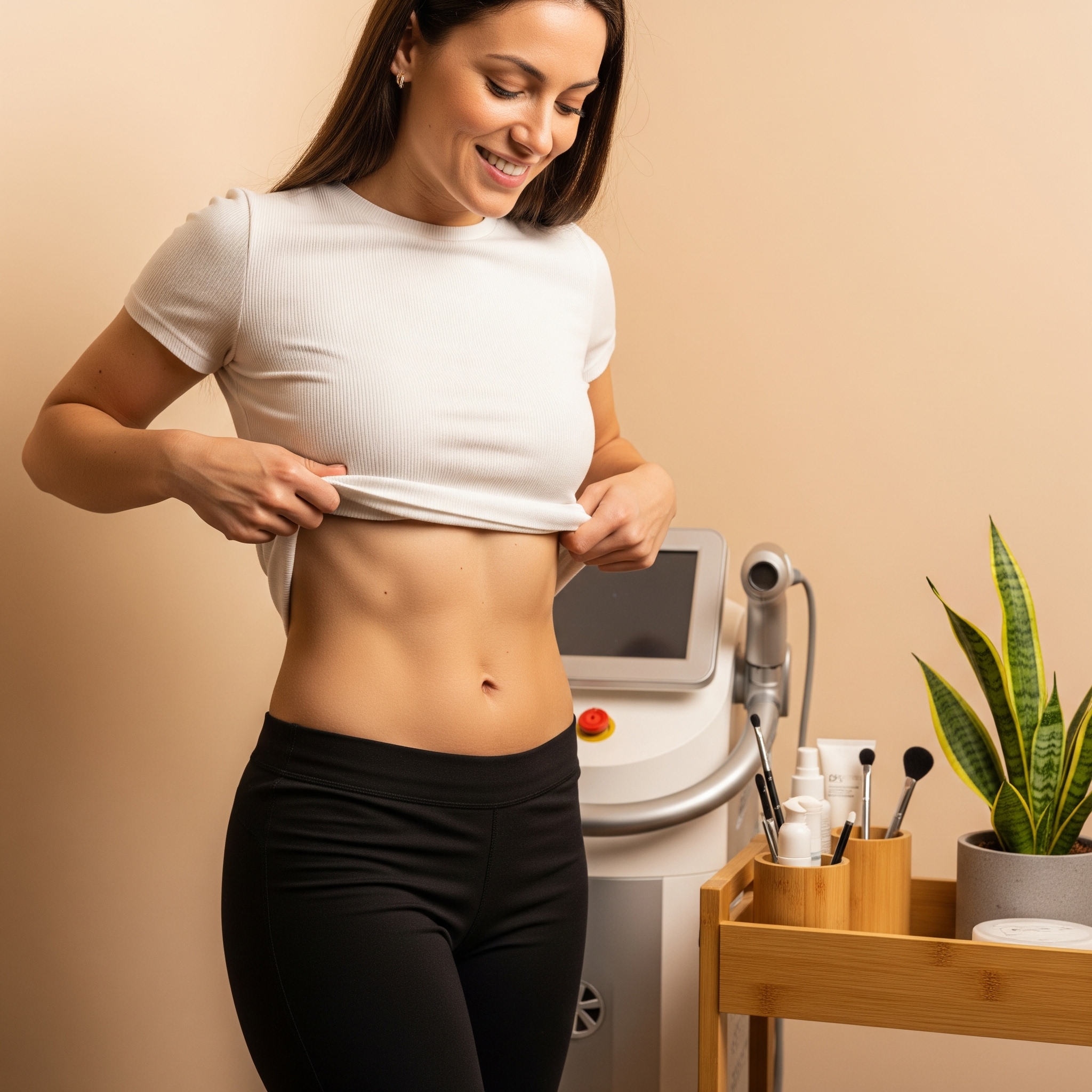 Mujer mostrando resultados de láser lipolítico en abdomen