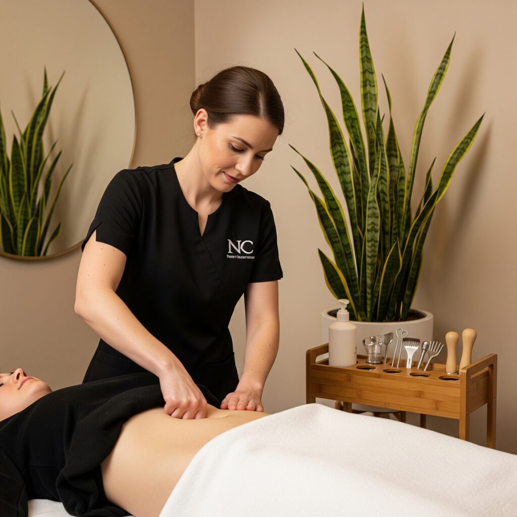 Drenaje linfático manual estético en piernas y abdomen para reducir celulitis y retención de líquidos.
